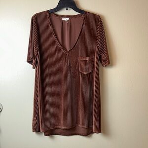 POL Copper Brown Velvet Ribbed V-Neck Tunic